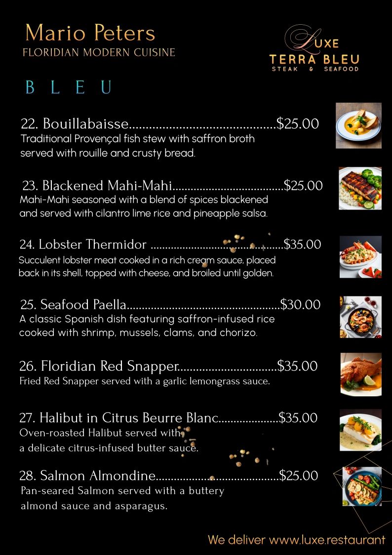DINNER MENU | Luxe Terra Bleu Steak and Seafood Restaurant